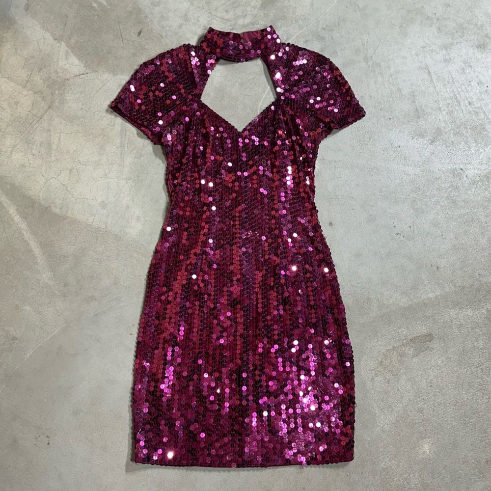 Vintage 90s Niteline by Della Roufogali Sequin Cocktail Dress Pink Fuschia Sz 4